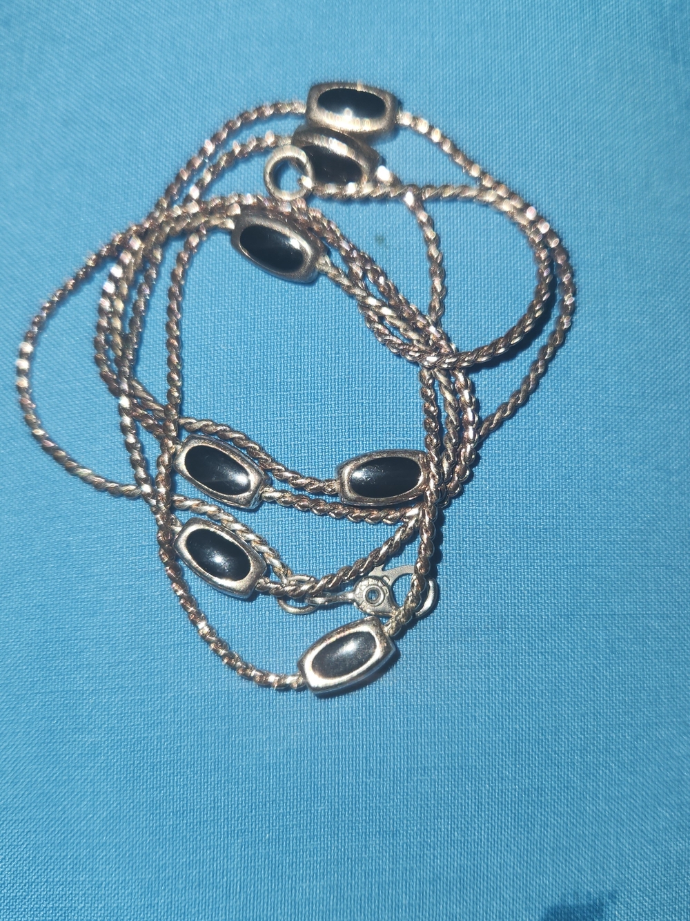Monet BLACK ENAMEL BEADS Vintage NECKLACE Silvertone Oblong Beaded Chain 15.5"